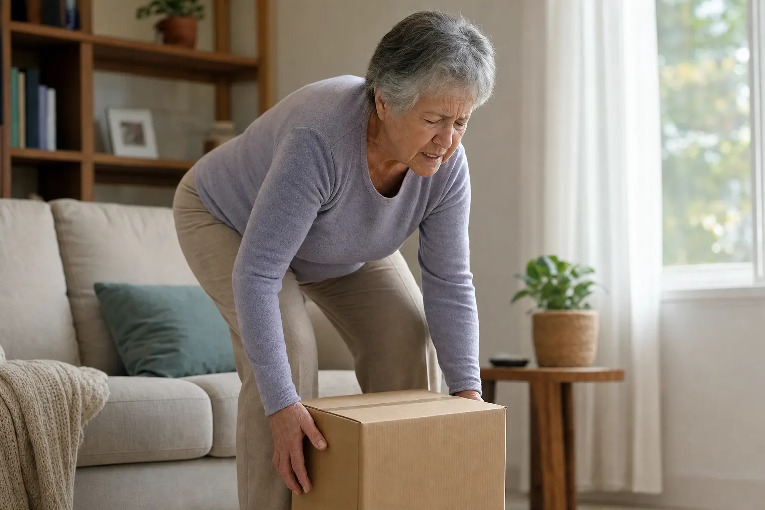Persona mayor experimentando dificultad para levantar objetos en su hogar debido a osteoporosis.