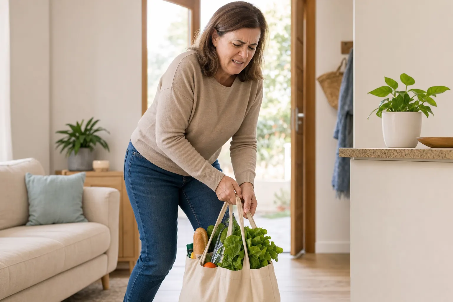 Mujer de mediana edad experimentando dificultad al cargar una bolsa de compras