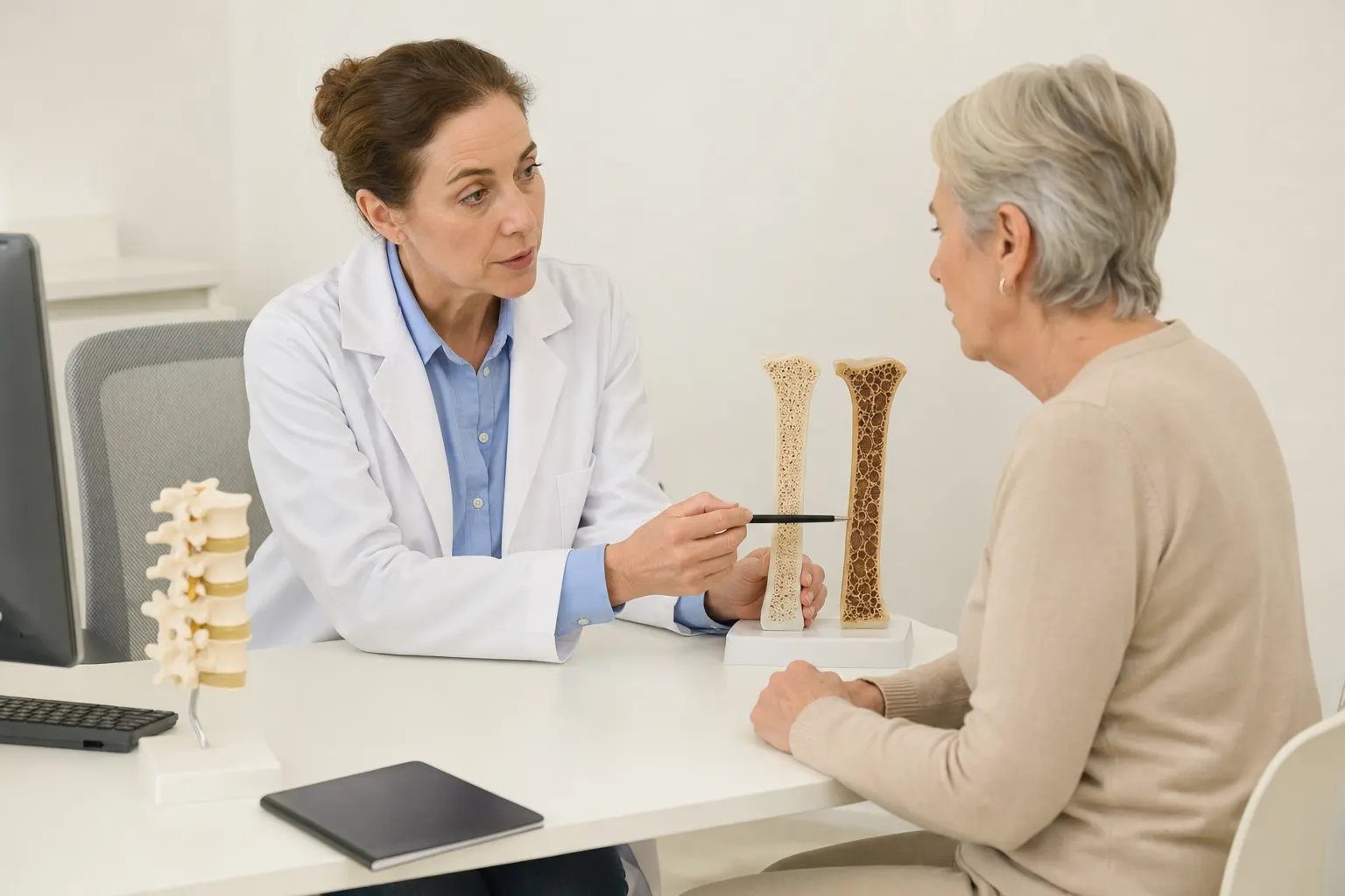 Consulta médica sobre osteoporosis en un consultorio