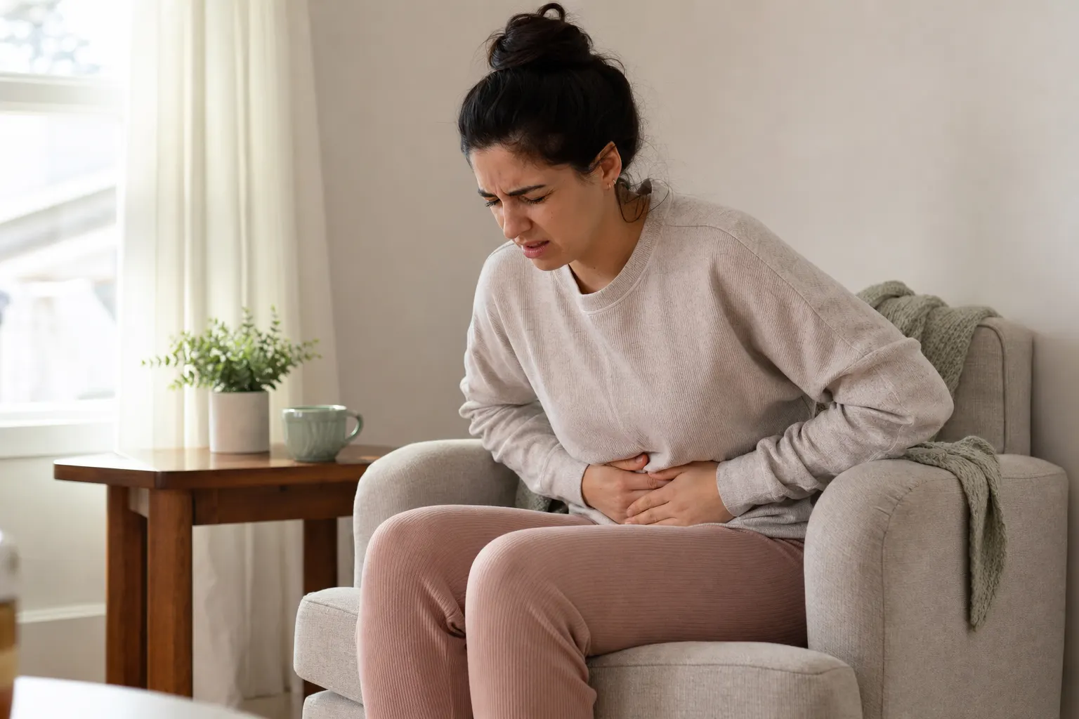 Mujer con expresión de dolor pélvico, sentada en una silla en casa, sosteniendo su abdomen