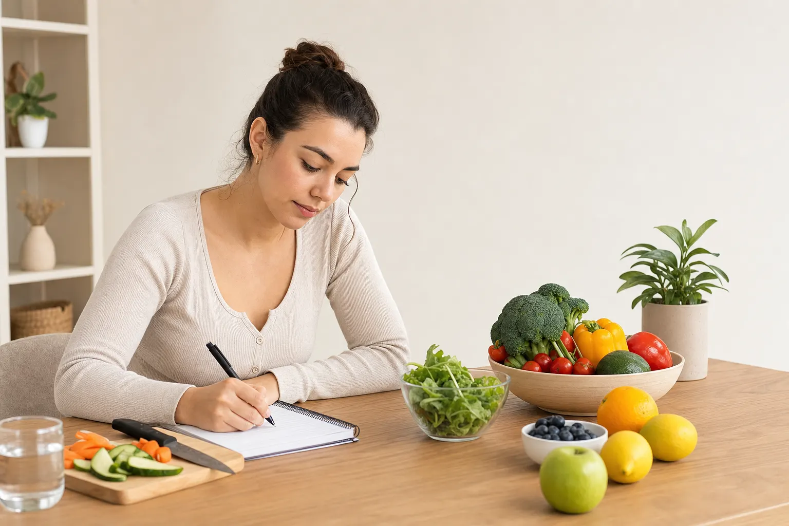 Mujer revisando su dieta y anotando cambios en un cuaderno, rodeada de alimentos saludables.