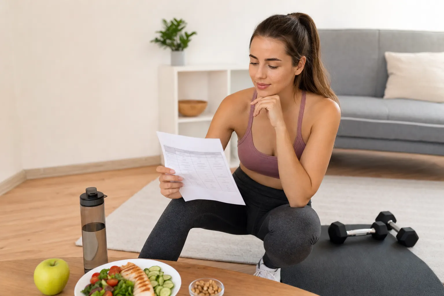 Mujer joven revisando un plan de alimentación mientras hace ejercicio en casa, reflejando un estilo de vida saludable para manejar el síndrome de ovario poliquístico.
