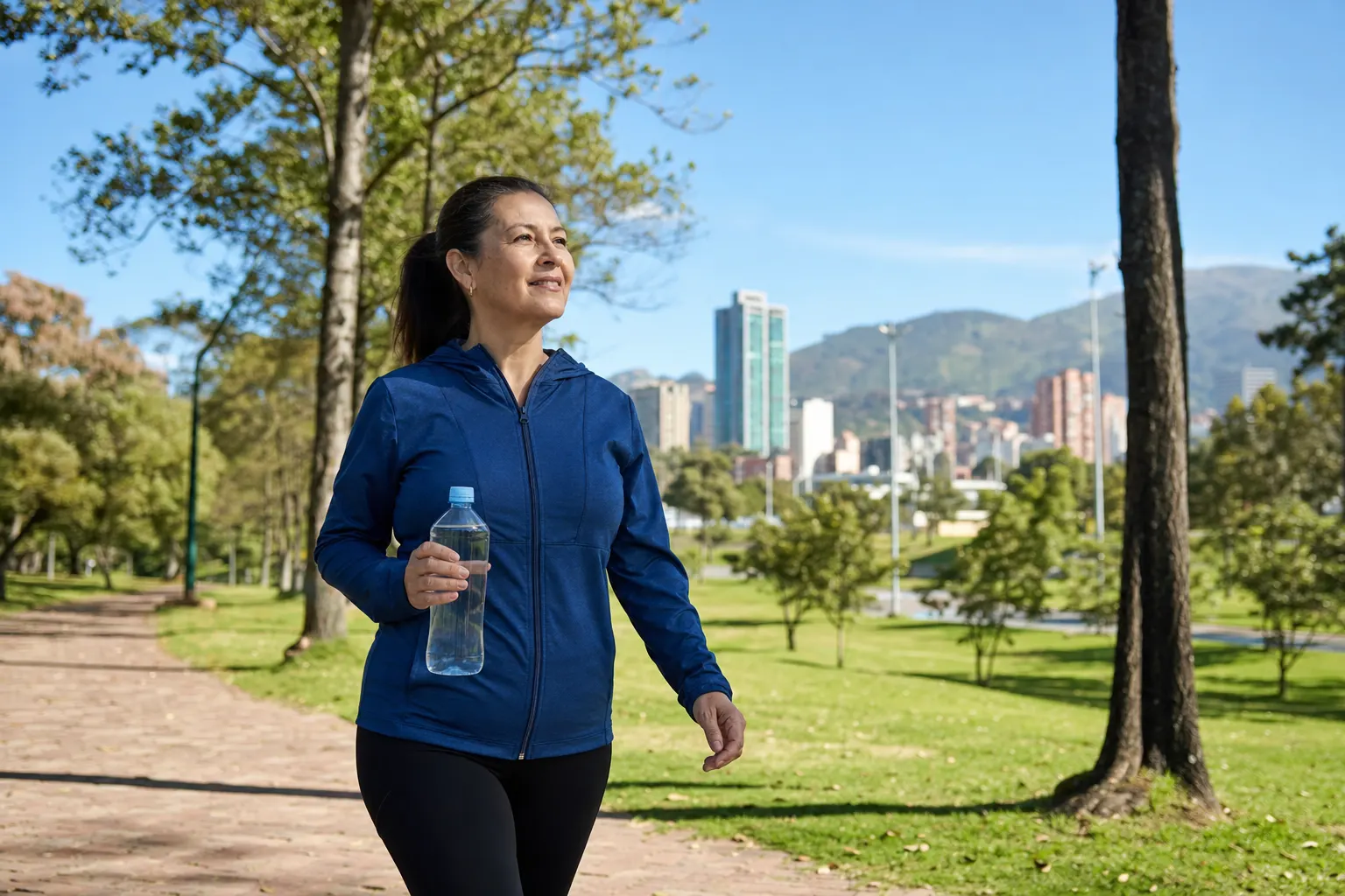Mujer caminando en un parque, simbolizando la importancia de la actividad física en el manejo del síndrome de ovario poliquístico.