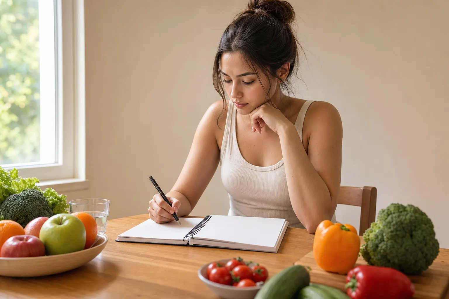 Mujer joven revisando su dieta y estilo de vida en casa, enfocándose en hábitos saludables relacionados con el síndrome de ovario poliquístico.