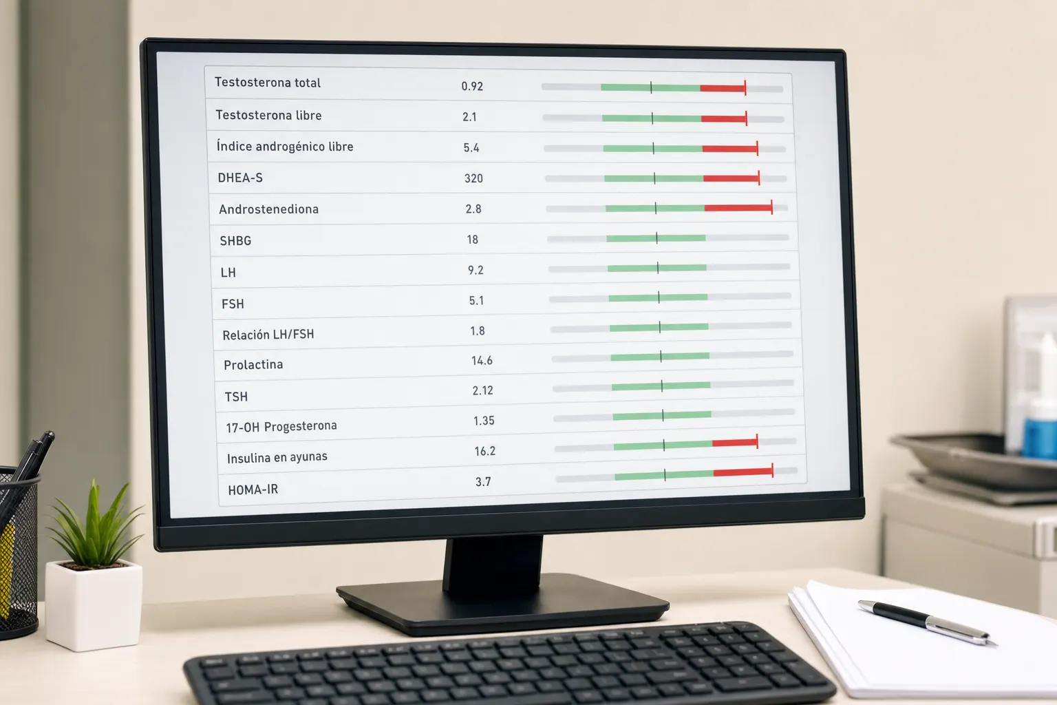 Pantalla de computadora con gráficos de resultados de exámenes hormonales específicos para el diagnóstico del síndrome de ovario poliquístico.