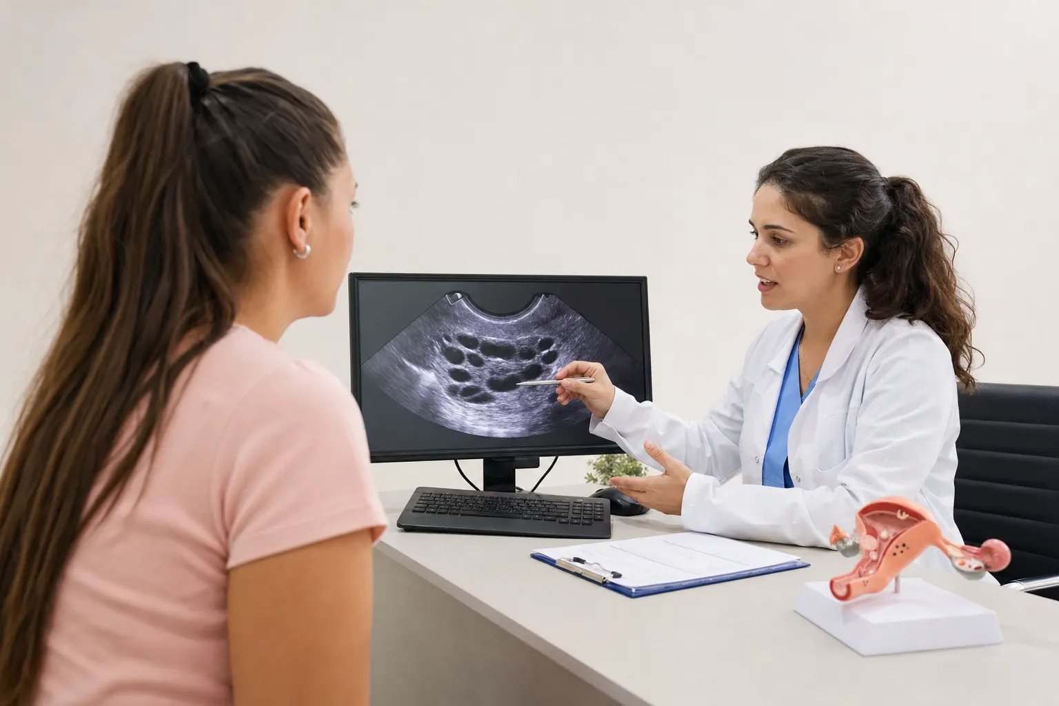 Mujer en consulta médica con endocrinóloga sobre ovario poliquístico.