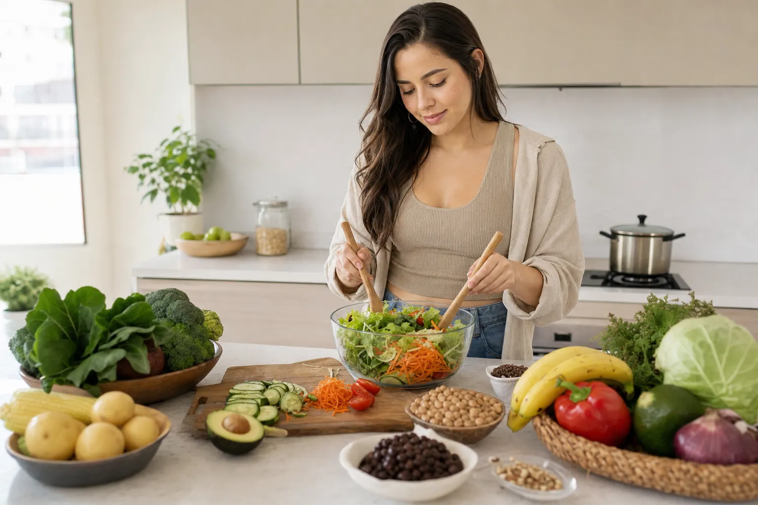 Mujer preparando una ensalada fresca con ingredientes locales en su cocina