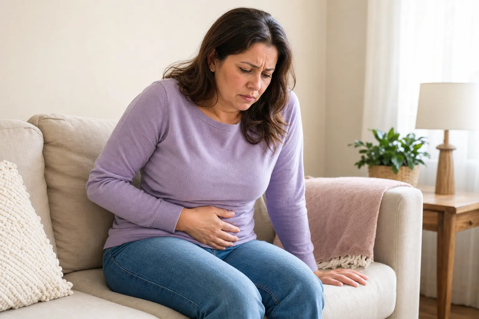 Mujer con expresión preocupada y mano en el abdomen, mostrando síntomas de ovario poliquístico.
