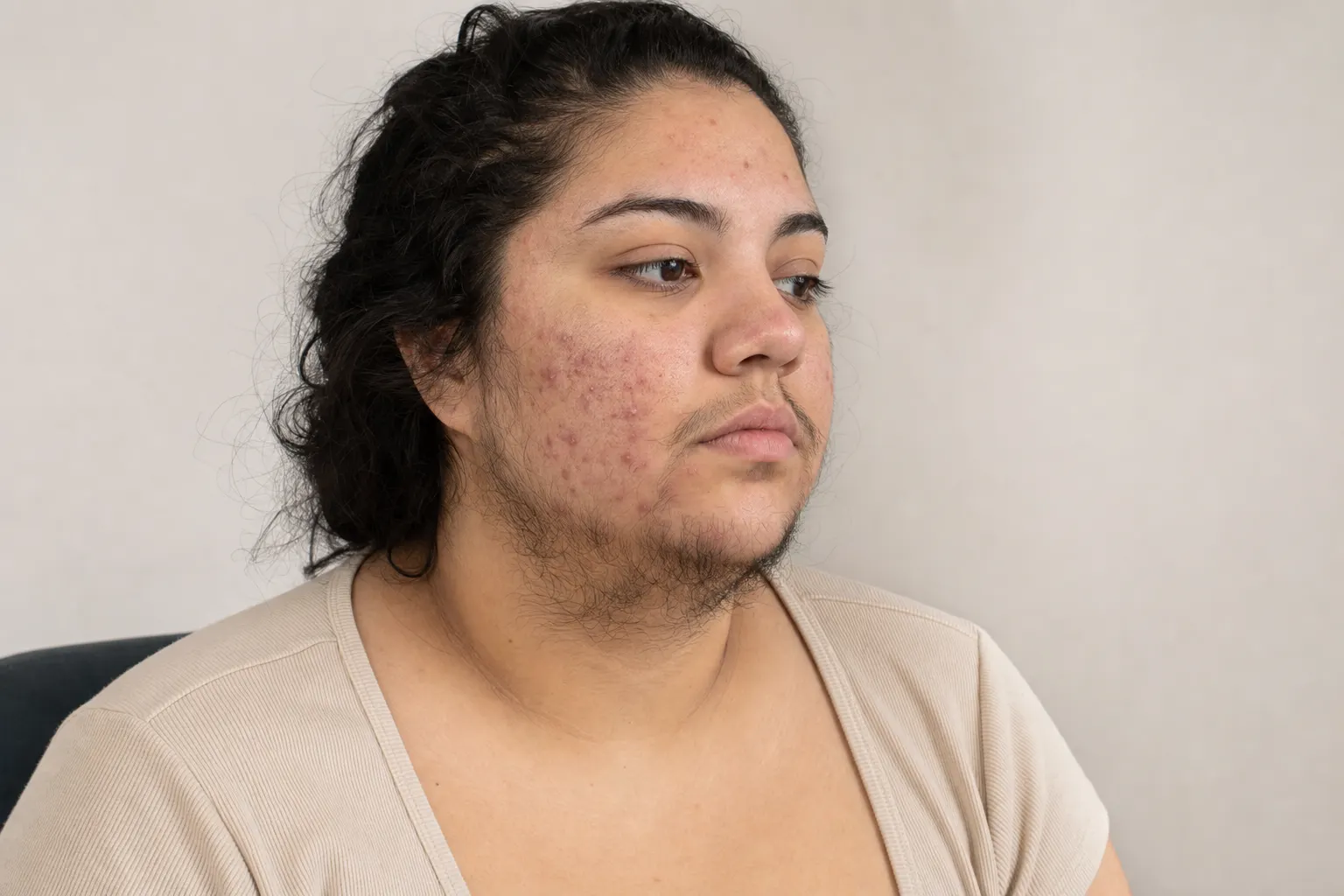 Mujer con acné severo y vello facial, manifestando síntomas del síndrome de ovario poliquístico.