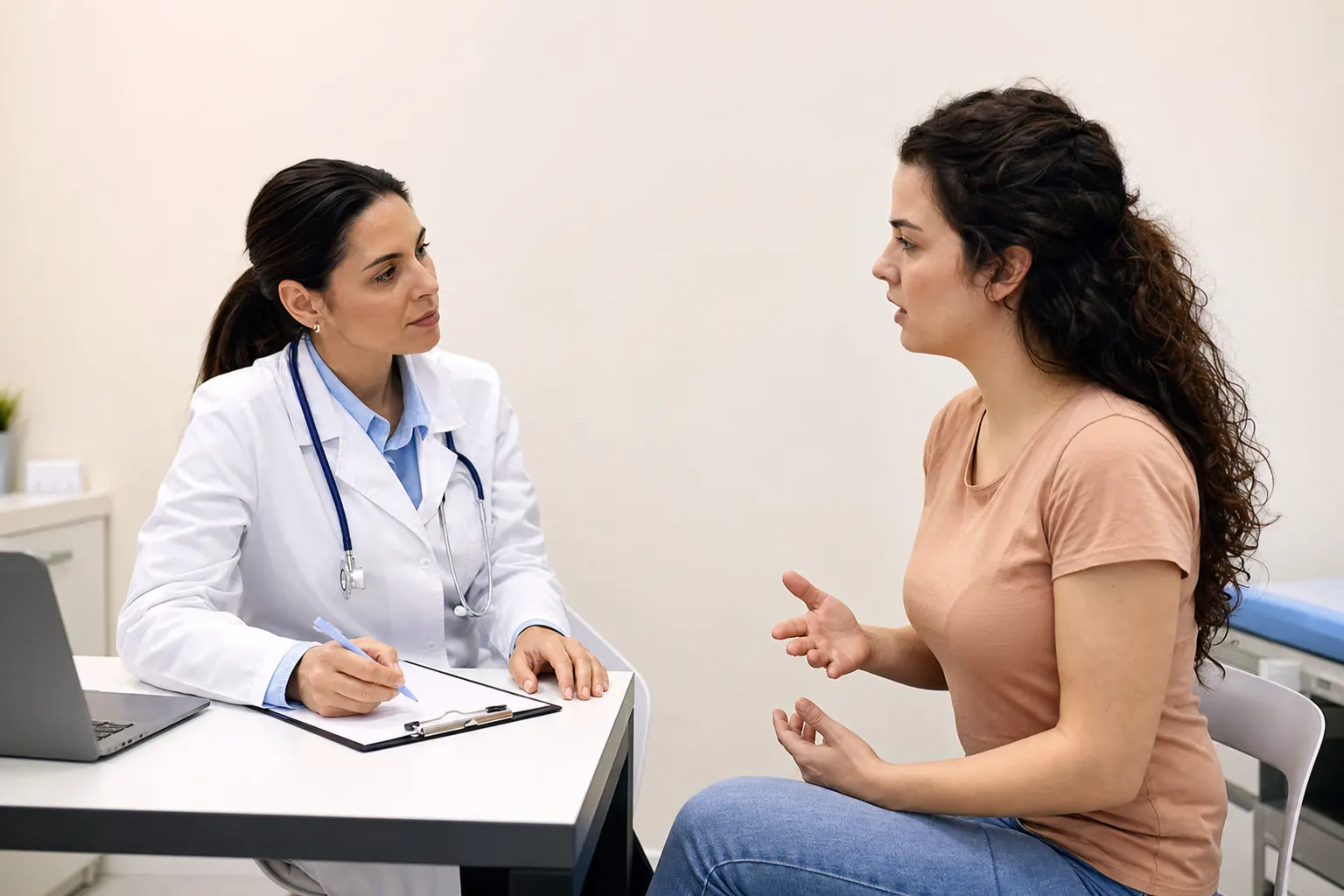 Consulta médica sobre síntomas de ovario poliquístico en un consultorio de endocrinología en Bogotá
