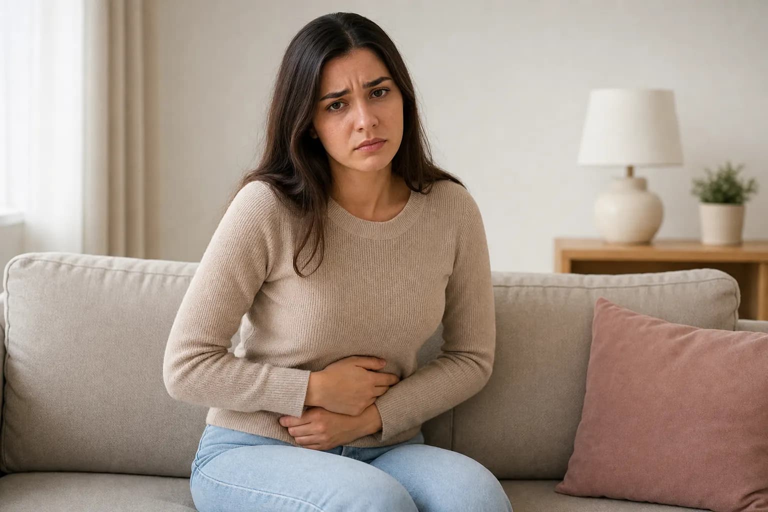 Mujer joven con expresión de incomodidad, sosteniendo suavemente su abdomen en un entorno hogareño.