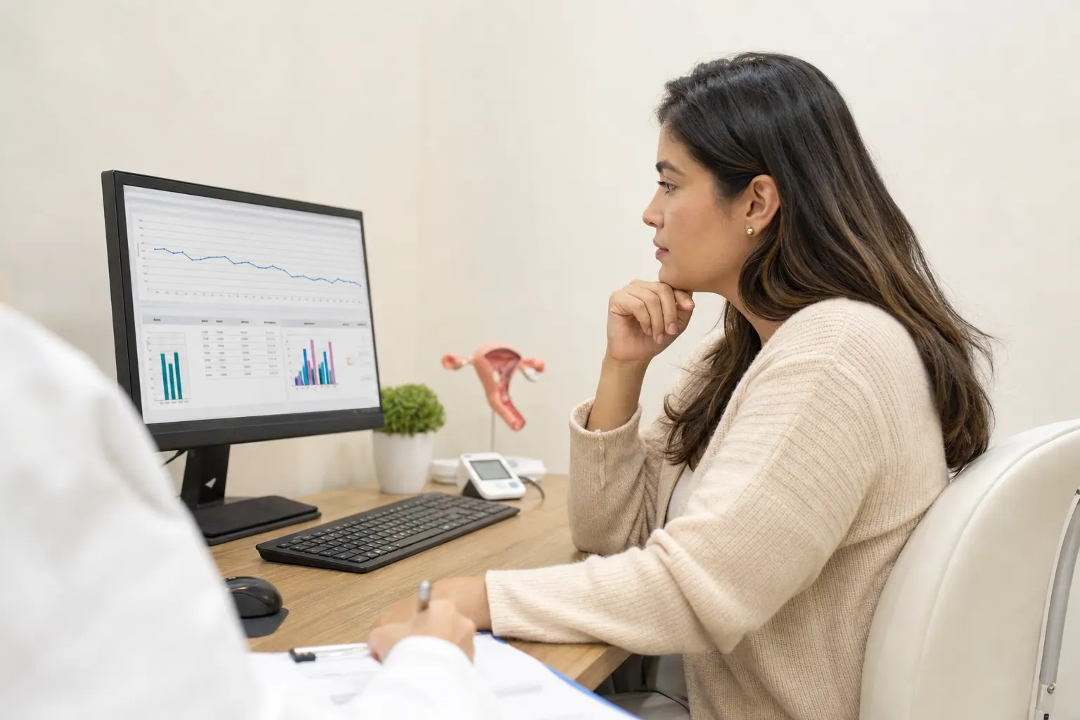 Mujer en consulta médica revisando resultados de tratamiento para el síndrome de ovario poliquístico con su médico.