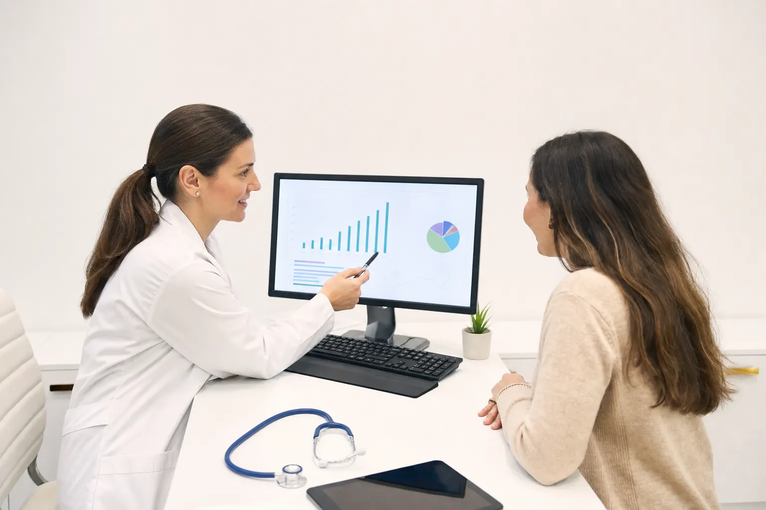 Consulta médica sobre el tratamiento del síndrome de ovario poliquístico en un consultorio en Bogotá