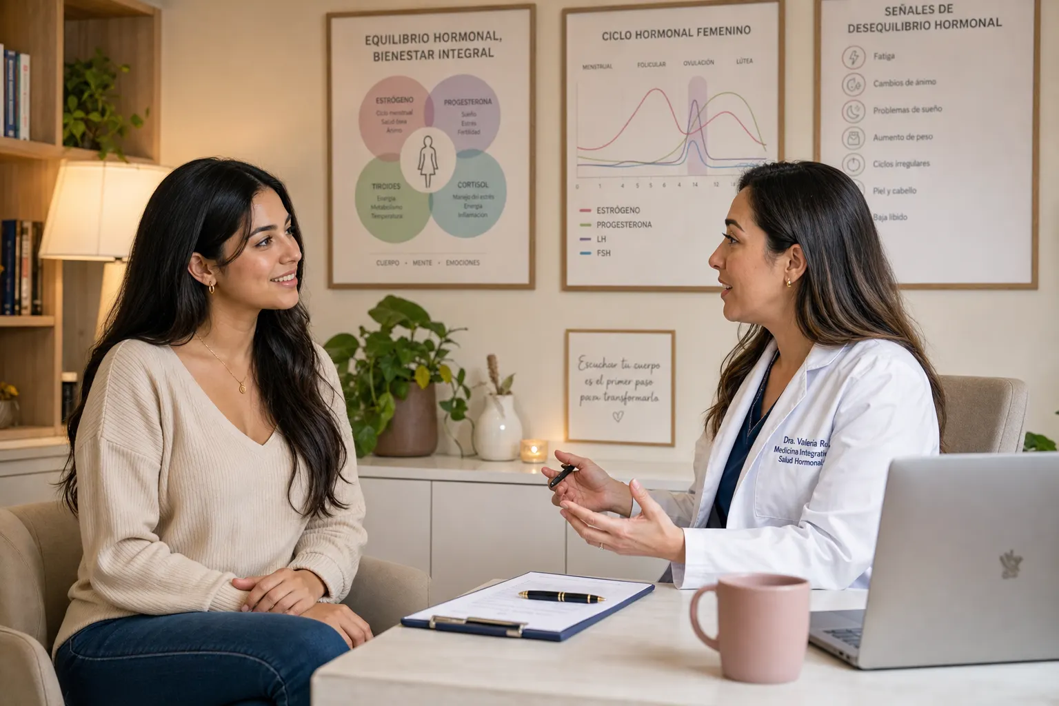 Mujer joven consultando con un médico sobre su salud hormonal