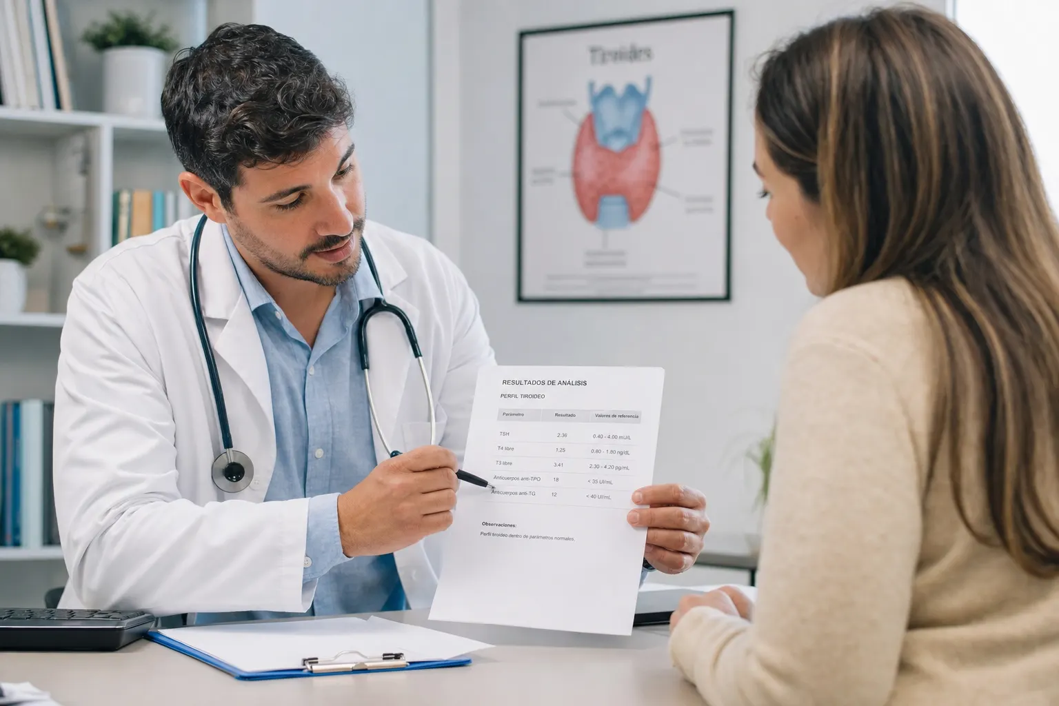 Mujer en consulta médica sobre tiroides