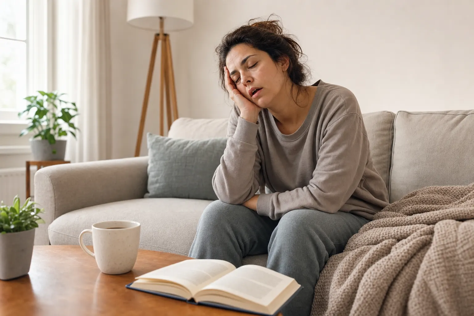 Persona con expresión de fatiga extrema, sentada en un sofá, rodeada de objetos cotidianos como una taza de café y un libro.