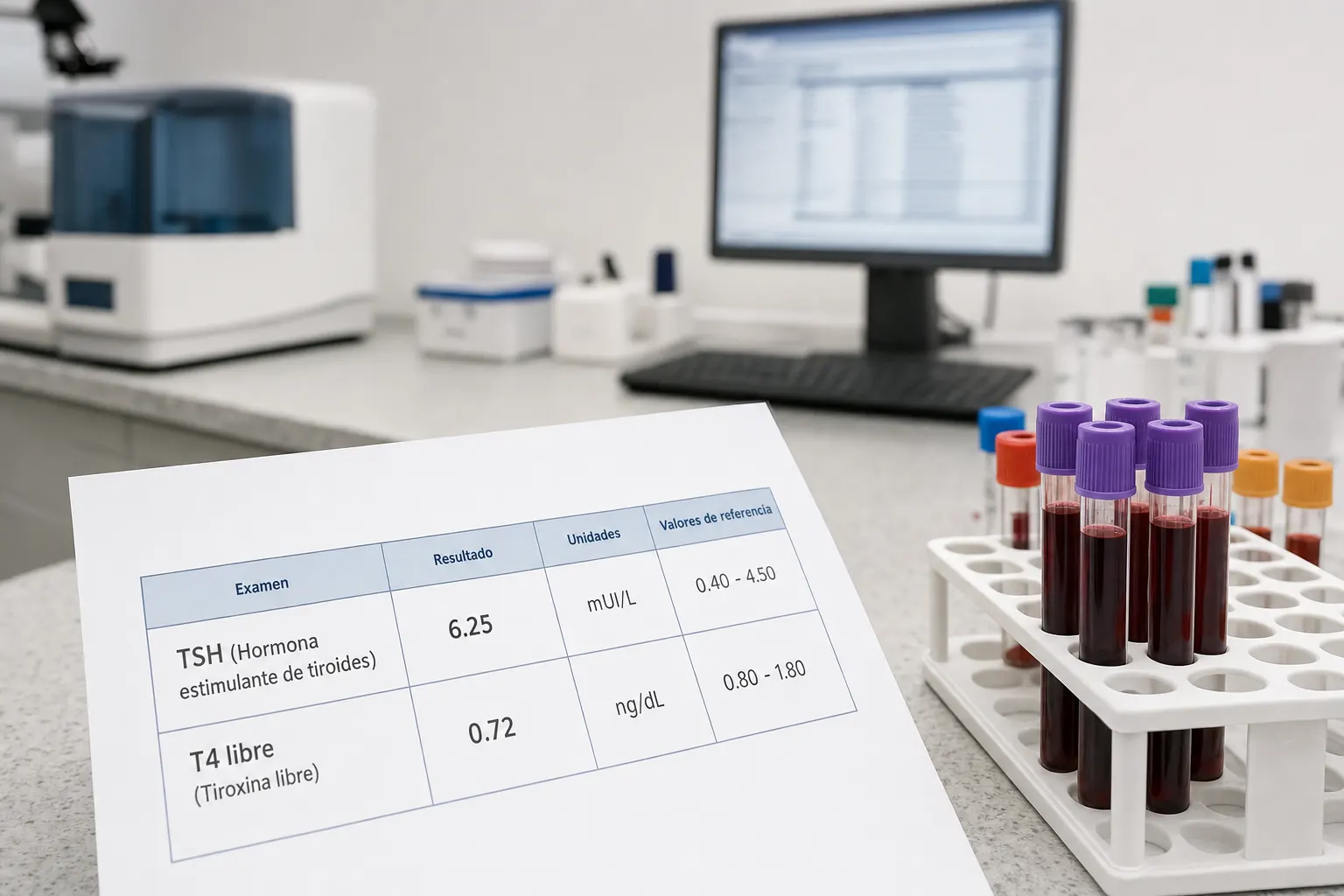 Resultado de análisis de sangre mostrando niveles de TSH y T4 en un laboratorio clínico en Bogotá.