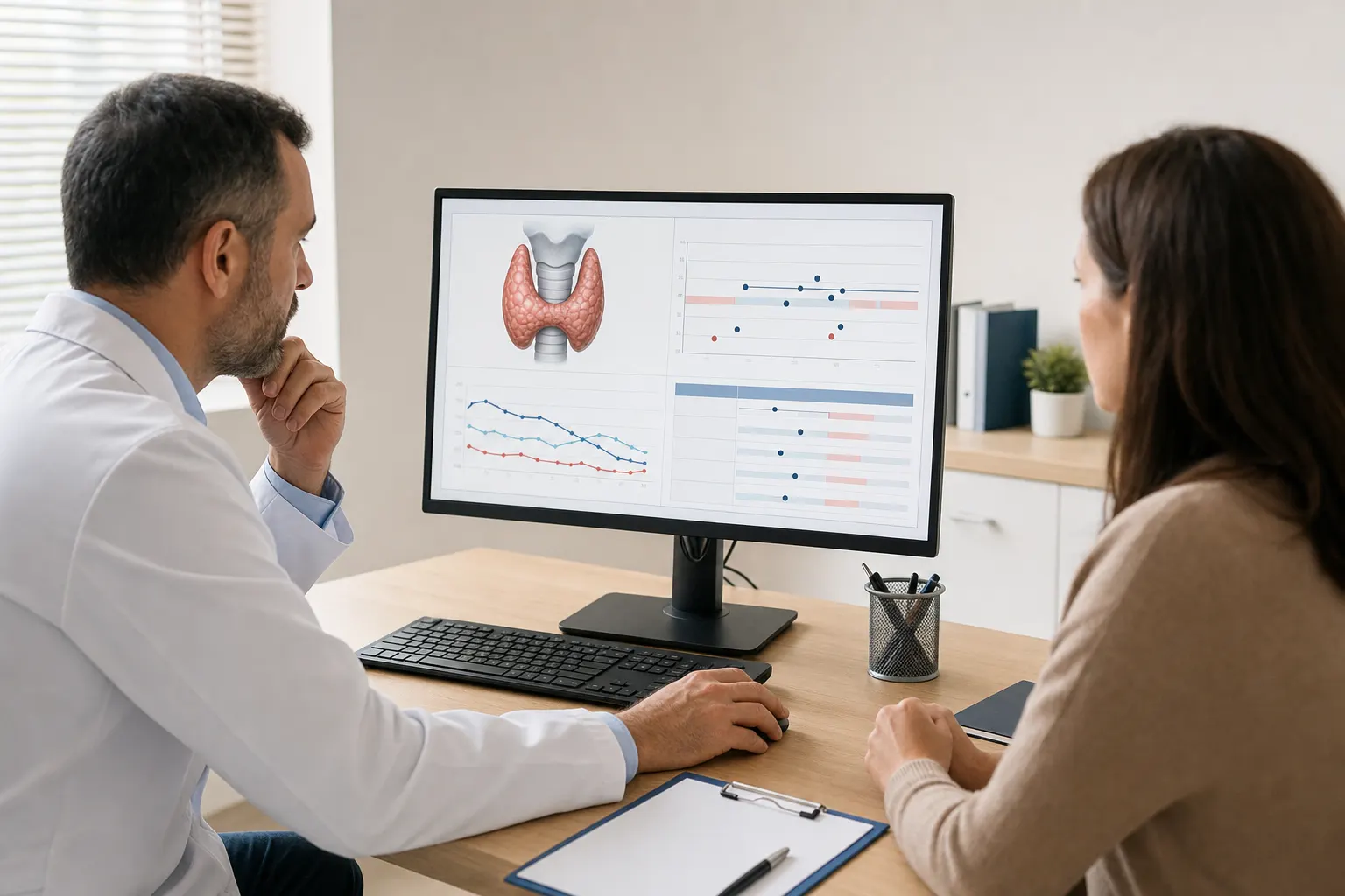 Pantalla de computadora en un consultorio médico mostrando resultados de análisis de tiroides, clave para el diagnóstico endocrinológico.