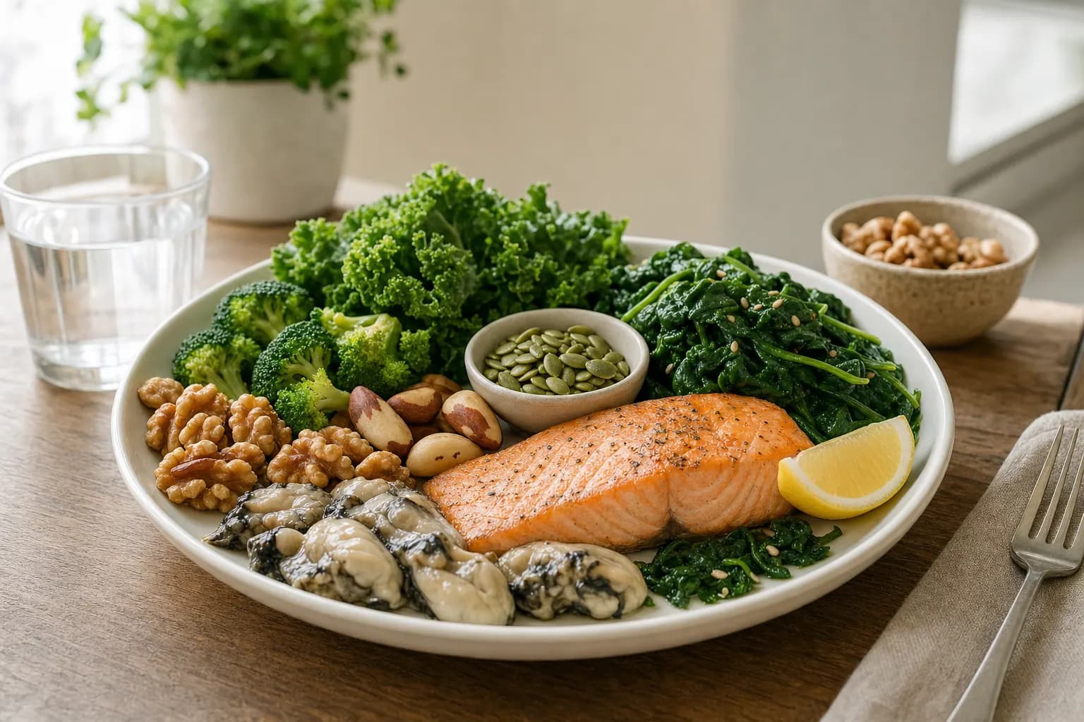 Plato con alimentos ricos en yodo, selenio y zinc, representando una alimentación equilibrada para la salud tiroidea.