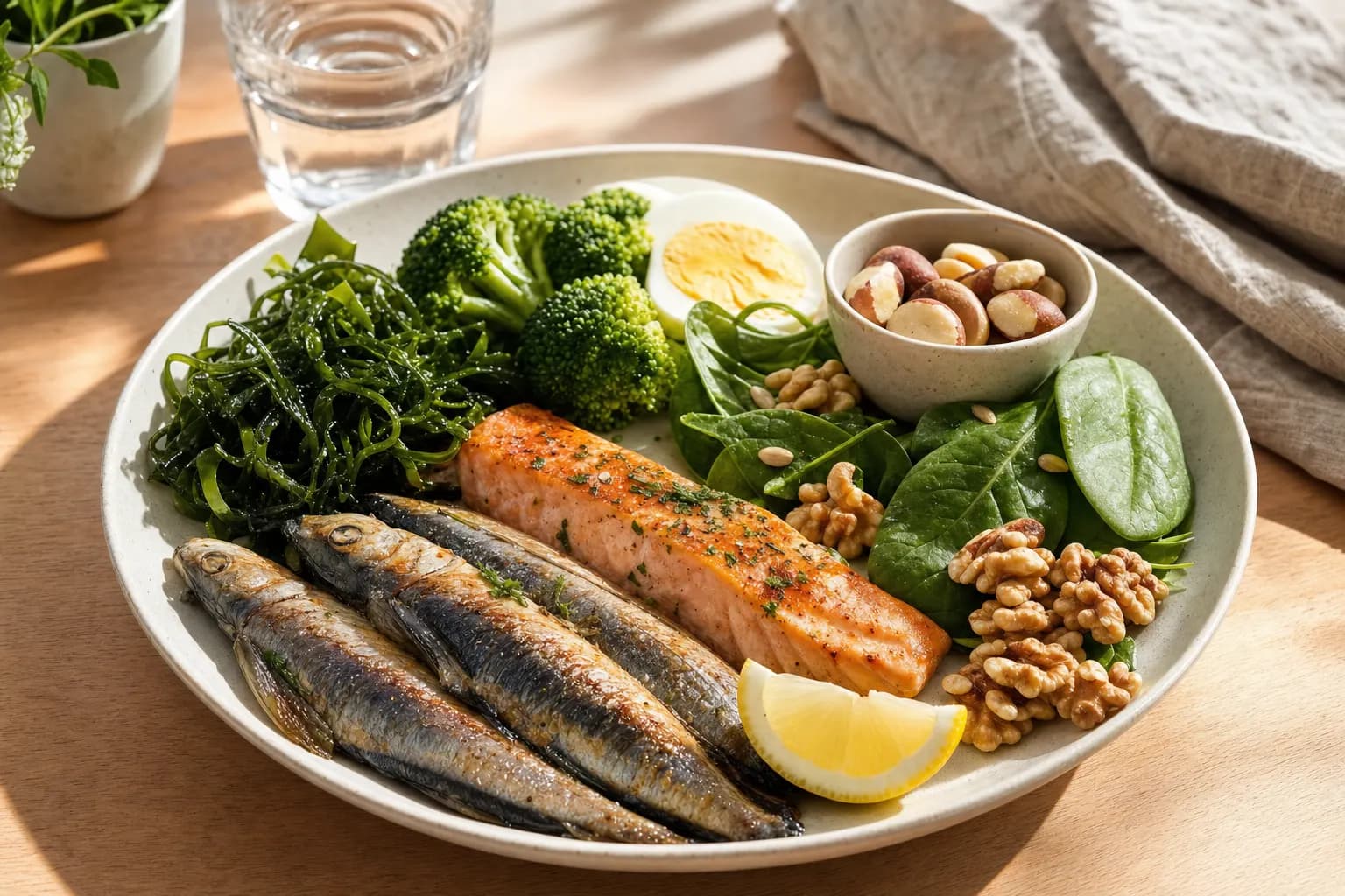 Plato con alimentos saludables como pescados, nueces y verduras, representando hábitos alimenticios que benefician la función tiroidea.
