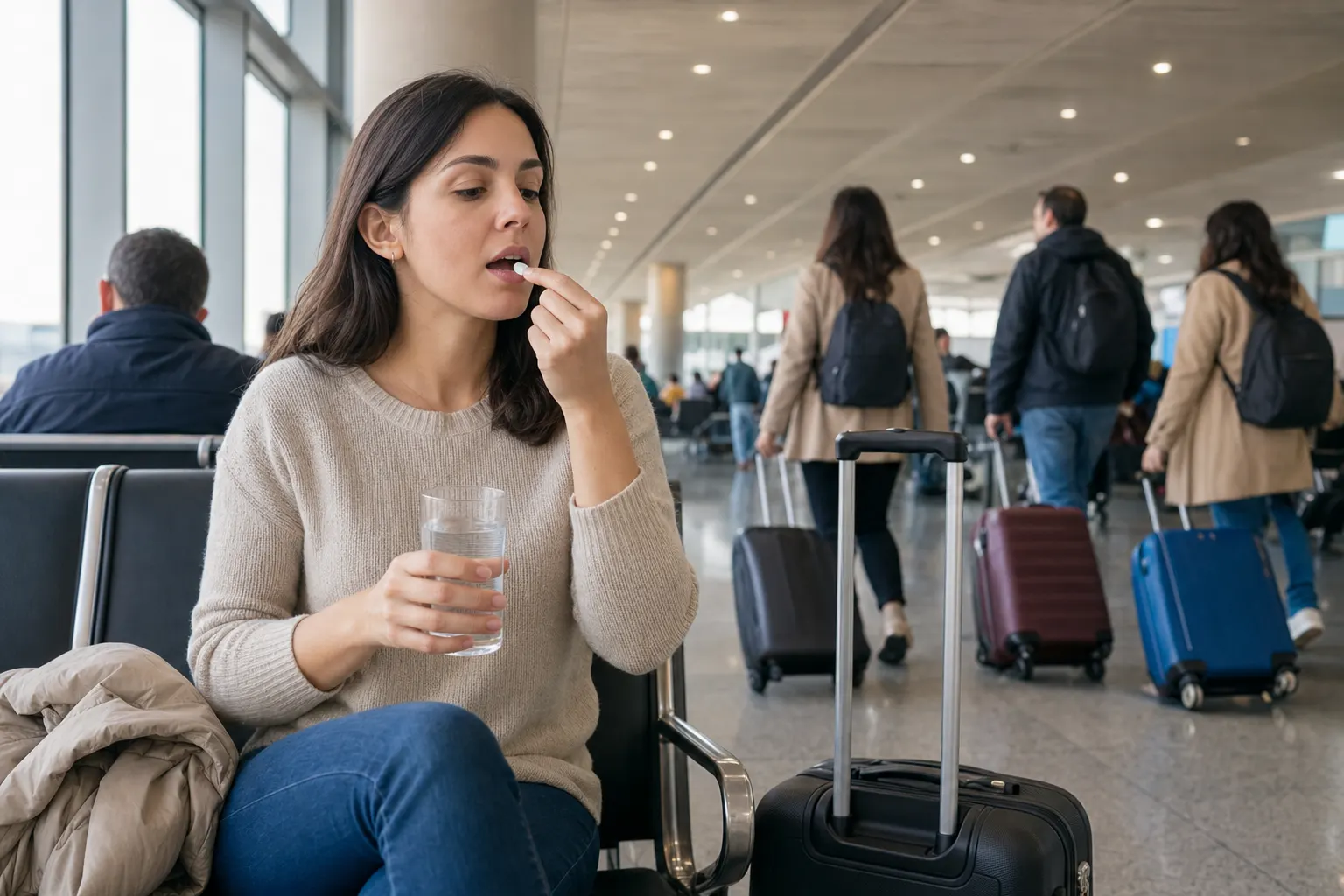 Persona tomando un suplemento de tiroides mientras viaja