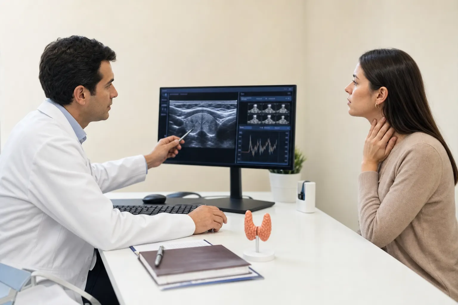 Consulta médica sobre tratamiento de tiroides en un consultorio con un endocrinólogo en Bogotá
