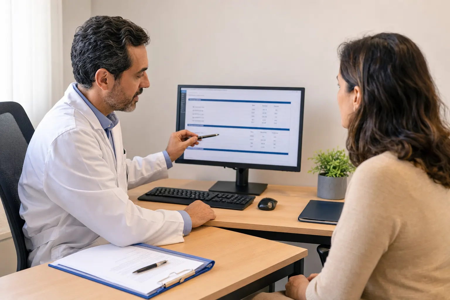 Médico endocrinólogo revisando resultados de análisis de tiroides con un paciente en un consultorio en Bogotá